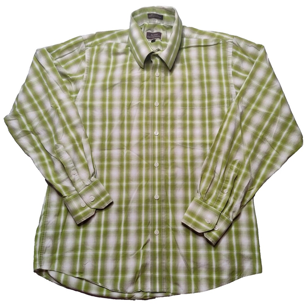 JAMES TATTERSALL Men Medium (15.5-16) Green Plaid 100% Cotton Long Sleeve Shirt‎